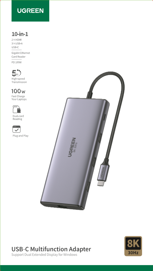 USB-C to 1*USB3.0+2*USB2.0+USB-C3.0+2*HDMI+RJ45 Gigabit+SD&TF +PD port Converter